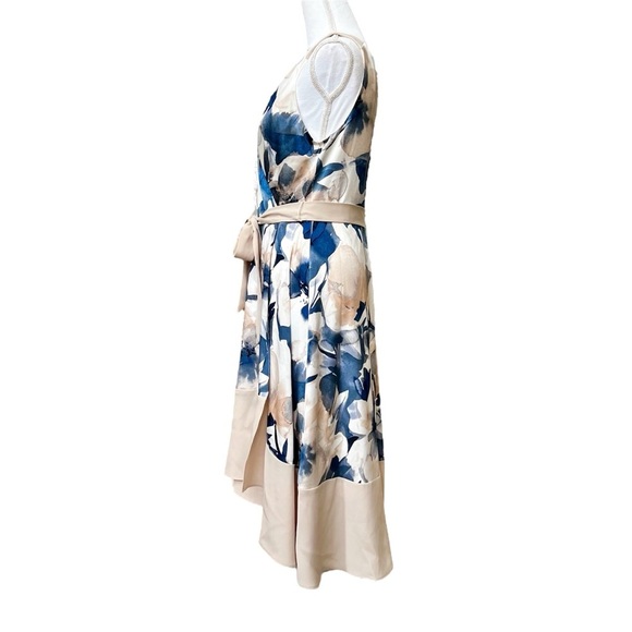 DKNY Long Sleeveless Cream Tan & Navy Blue Floral Dress Faux Wrap Size 8 NWT - Picture 5 of 16